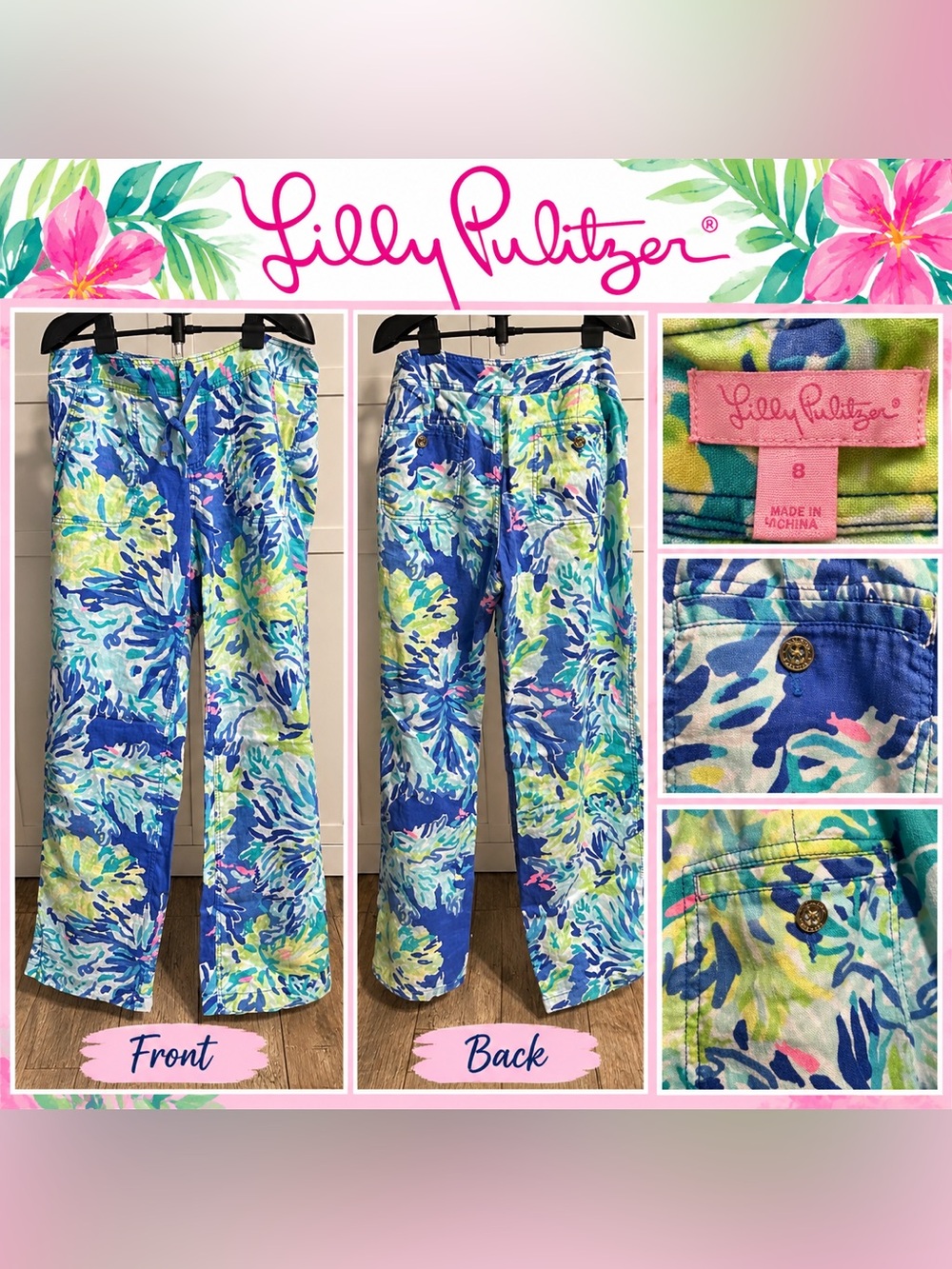 Lilly Pulitzer Galley Linen Pants - Brilliant Blue Wade and Sea - Size 8